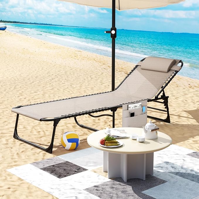 Folding Lounge Chair Outdoor, 4-Level Reclining Backrest Aluminum Lounge Chair, Removable Pillow & Side Pocket Design, Breathable Portable Tanning Chair for Poolside, Patio, Backyard, Beige
