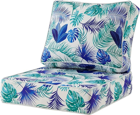 ARTPLAN 24x24 Deep Seat Patio Cushions for Outdoor Furniture,Extra 6 inch Thick,Back 18"x24",Removable,Replacement,Polyester Floral Pattern,Outdoor/Indoor,Blue White Flowers