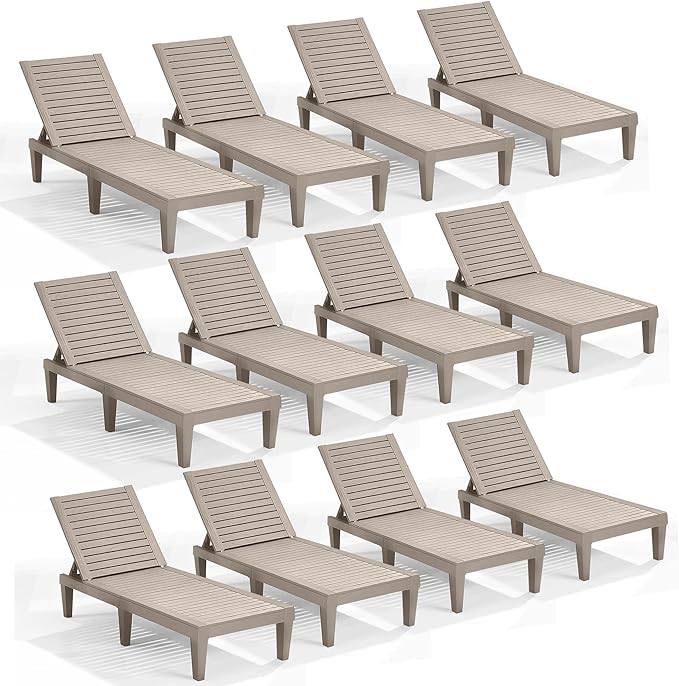 Nestl Sun Tanning Chair - Sand Beige Chaise Lounge Chair Outdoor, Lightweight Pool Lounge Chairs Set of 12, Adjustable 5-Position Reclining Lawn Chair, Waterproof Beach Outdoor Lounge Chairs