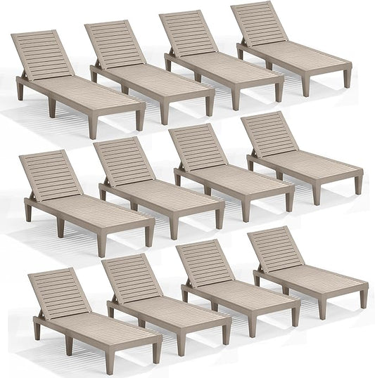 Nestl Sun Tanning Chair - Sand Beige Chaise Lounge Chair Outdoor, Lightweight Pool Lounge Chairs Set of 12, Adjustable 5-Position Reclining Lawn Chair, Waterproof Beach Outdoor Lounge Chairs