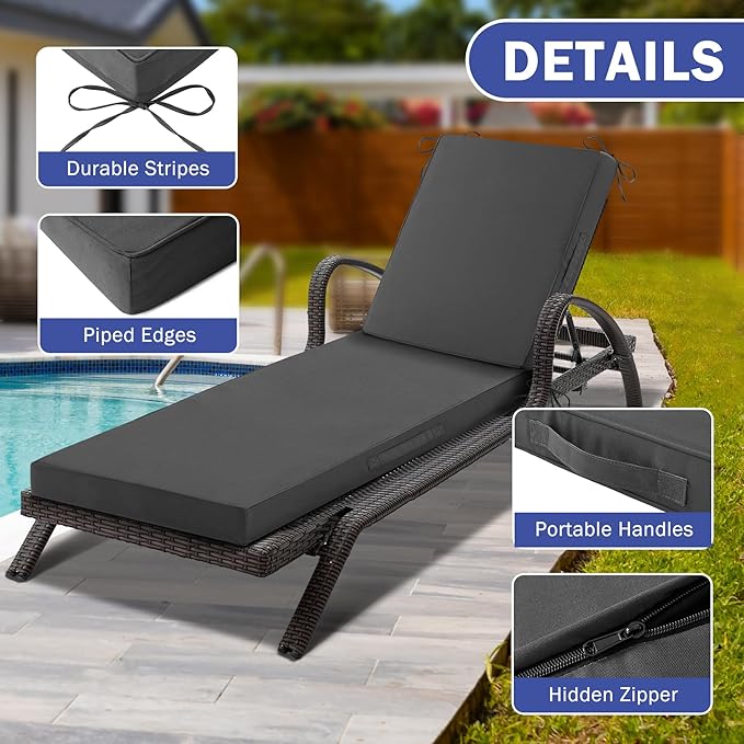 Chaise Lounge Cushions Outdoor, Waterproof Lounge Chair Cushion, 80x 26x 3 Inch Outdoor Chair Cushions with Ties, High-Density Foam Patio Lounge Chair Pads for Lawn, Pool & Beach, Dark Grey