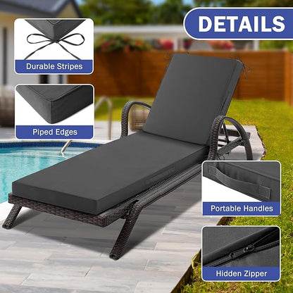 Chaise Lounge Cushions Outdoor, Waterproof Lounge Chair Cushion, 72x 21x 3 Inch Outdoor Chair Cushions with Ties, High-Density Foam Patio Lounge Chair Pads for Lawn, Pool & Beach, Dark Grey