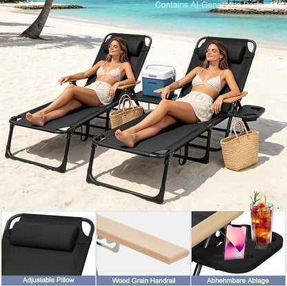 Beach Lounge Chairs with Armrests, 4-Position Folding Lounge Chairs for Outside, Sunbathing Portable Lounge Chaise, Tanning Chair Pillow & Cup Holder, for Outside Beach Pool (Black)
