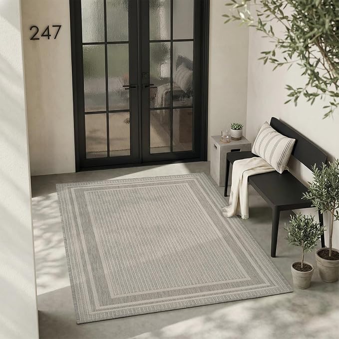 MontVoo-3x5 Outdoor Rug Porch Entryway Rug-Polypropylene Indoor Outdoor Rugs for Entryway Kitchen Balcony Patio, Textured Weave, Durable, Fade-Resistant, Non-Shedding, Modern Neutral Grey