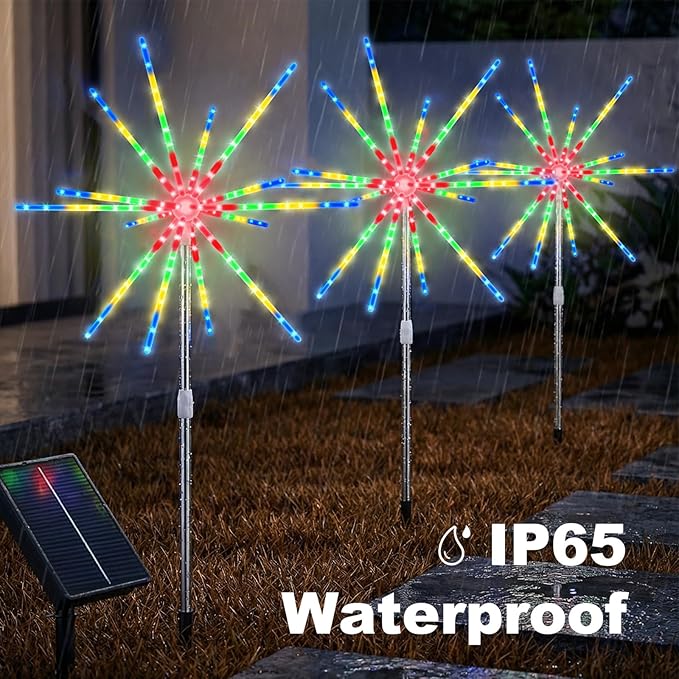 CCILAND 3 Pack Solar Firework Lights Outdoor, 336 LEDs Solar Starburst Garden Lights with Timer 8 Modes, Waterproof Decorative Lights for Yard Patio Walkway Pathway Party Wedding (Multicolor)