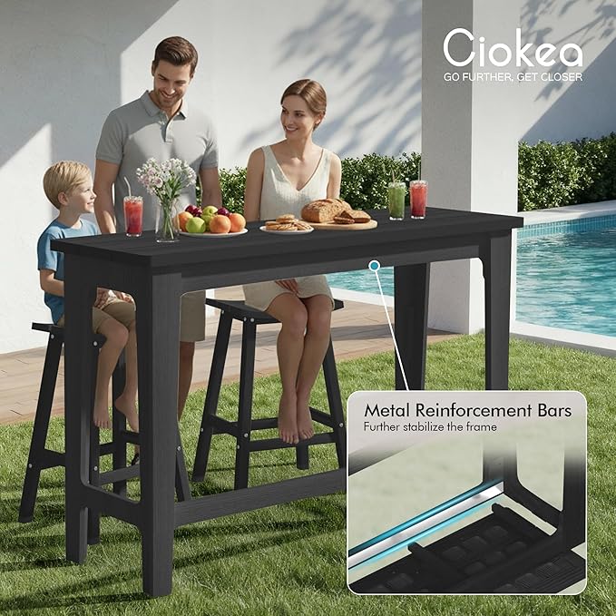 Ciokea Heavy-Duty Outdoor Bar Set, Rectangle High Top Table and 2 Pcs 29" Stools Set, HDPE Modern Patio Bar Set for Outside Bistro Backyard Balcony Deck Outside, Black
