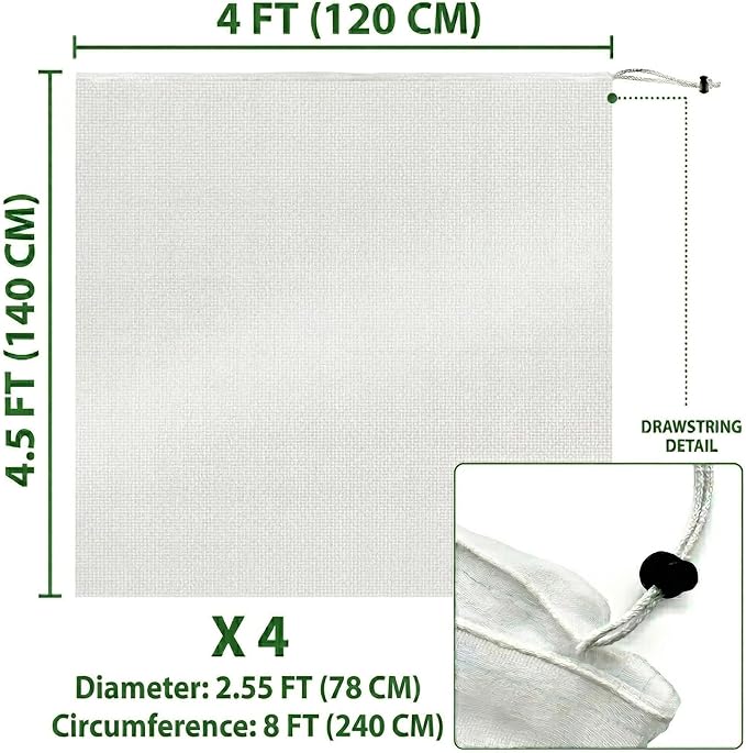 Fruit Tree Protection Bags 4x4.5 FT in 4 Pack | Multiple Size Garden Netting for Fruit & Vegetable Protection | White Plant Net Cover for Blueberry & Tomato | Bird & Insect Mesh Fabric Protector