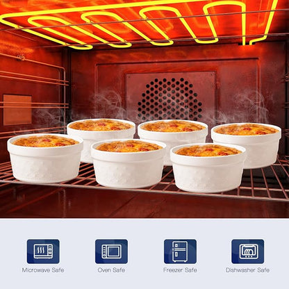 6 Oz Ramekins Oven Safe, Creme Brulee Ramekins Set of 8, Ceramic Souffle Dish, White Porcelain Snowflake Baking Bowls for Dessert, Pie, Tart, Souffles, Appetizers