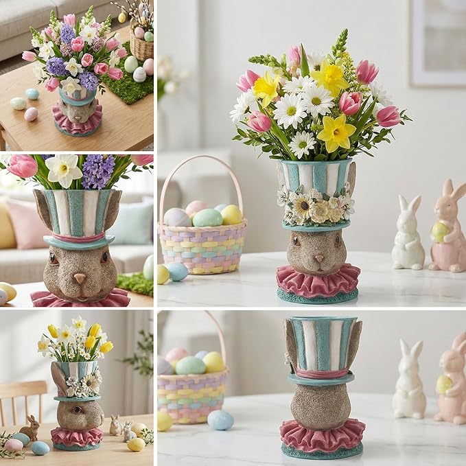 Easter Bunny Vase for Flowers, 11.2"H Resin Blue Cute Decorative Rabbit Head Statue Table Centerpiece Mantel Desk Top Home Decorations Indoor, Spring Planters for Outdoor Plants, Garden Decor