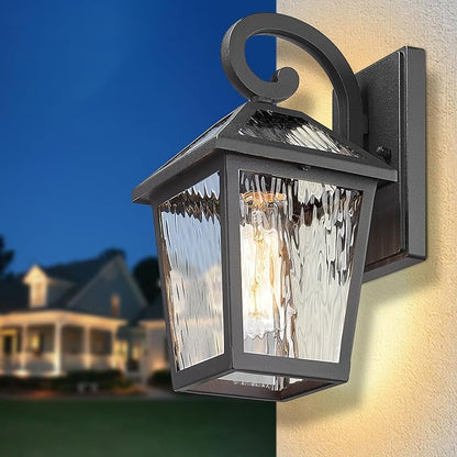 Outdoor Lights Fixtures Wall Mount, Outdoor Wall Lantern with Water Ripple Glass, Waterproof Outside Exterior Wall Sconce Lights Fixture for House, Front Porch, Patio, Matte Black, 2Packs