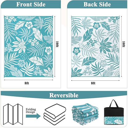 Pauwer Waterproof Outdoor Rug 8x10, Reversible Plastic Straw Patio Camping Rug, Indoor Outdoor RV Mat Carpet for Deck, Camper, Porch, Balcony, Backyard, Picnic, Floral Teal