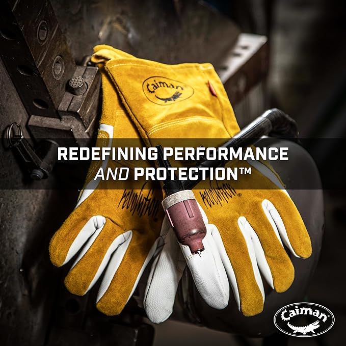 Caiman Premium Goat Grain TIG/Multi-Task Welding Gloves, Split Cowhide Back, 4-Inch Extended Cuff, White/Gold, Large (1540-5)