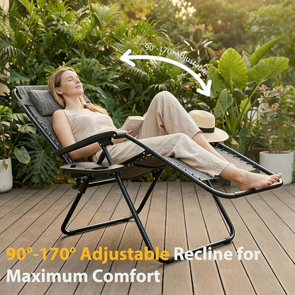 NEWBULIG Zero Gravity Chairs Set of 2, Lounge Chair Folding Portable Adjustable Camping Recliner with Adjustable Pollow, Mesh Back, Cup Holder Trays Lawn Patio Chair for Pool Beach