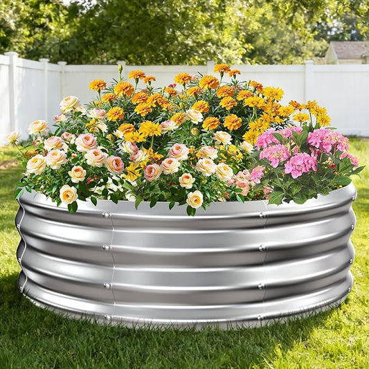 12 Inch Tall Heavy-Duty Round Steel Rised Garden Bed – Wave-Shaped Design Galvanized Metal Planter Box for Vegetables Flowers Succulent at Patio/Garden Outdoor (Silver, 36" Diameter)