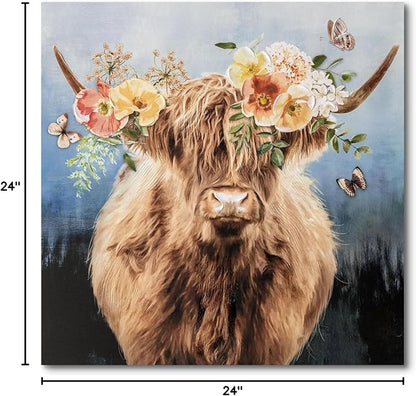 Hand-Painted Highland Cow Canvas Wall Art, Lovely Cow With Flower Wall Art, Farmhouse Animal Print Home Decor, 3D Mural Painting, Ready to Hang Bedroom Living Room Kitchen Bathroom Office, 24"X24"