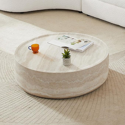 kevinplus ø35.4'' Round Stone Coffee Table for Living Room, Modern Drum Circle Faux Concrete Marble Coffee Table, Fiber Glass Material, No Assembly (Mars Texture, ø35.4'' x 11.8'')