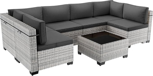 7-Piece Patio Furniture Set, Outdoor Sectional with Thick Cushions, Modular Patio Sofa, Dual-Strand Wicker Rattan, Rust-Resistant Frame, Backyard Furniture for Garden, Deck, Dark Black
