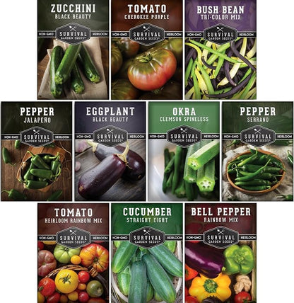 Summer Vegetable Garden Seeds - 10 Heirloom Non-GMO Variety Pack for Planting - Warm Weather Gardening Collection for Fresh Vegetables - Survival Garden Seeds