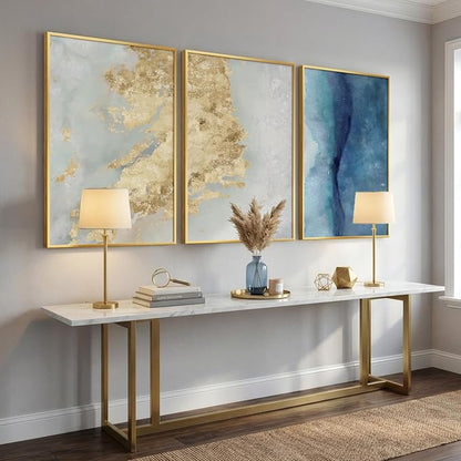 Large Framed Abstract Wall Art for Living Room, Luxury 3 Piece Canvas Blue White and Gold Prints Paintings for Walls, Modern Minimalist Pictures for Dining Bedroom Hallway Office Home Decor 24x36 In