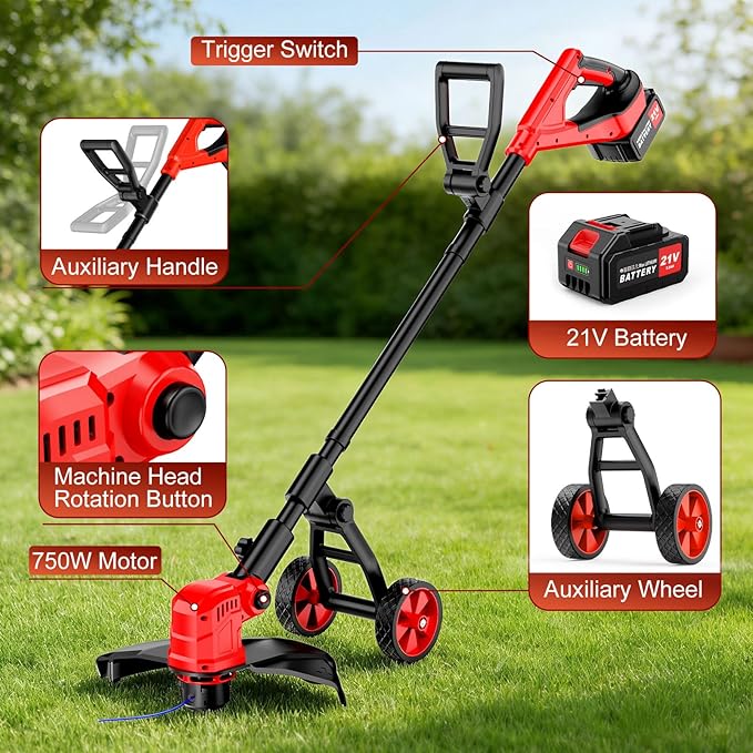 21V Cordless String Trimmer with 2 X 3.0Ah Battery and Charger, Electric Weed Wacker String Trimmer with 14" Cutting Width, Cordless String Trimmer for Lawn, Garden, Yard(8Pcs Spool Line) (Red)