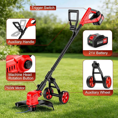 21V Cordless String Trimmer with 2 X 3.0Ah Battery and Charger, Electric Weed Wacker String Trimmer with 14" Cutting Width, Cordless String Trimmer for Lawn, Garden, Yard(8Pcs Spool Line) (Red)