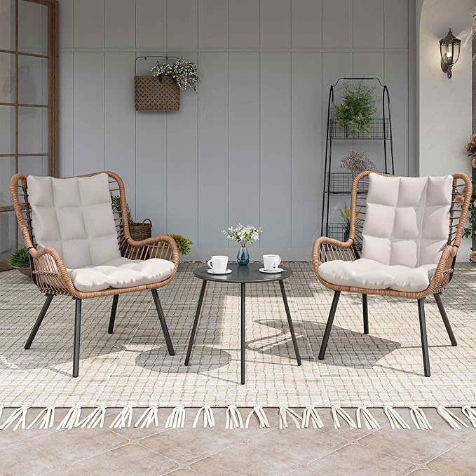 LAUSAINT HOME 3 Piece Outdoor Bistro Set, Small Patio Furniture Set with Coffee Table and Thick Cushions, Front Porch Furniture for Lawn, Garden, Balcony, Poolside, White