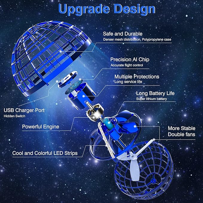 Ciniffo Flying Orb Ball Toy 2025 – Light Up Hand Controlled Boomerang Spinner Mini Drone Toy, Hover Cosmic Globe Ball, Cool Christmas & Birthday Gift for Boys Girls Teens Ages 6+ (Blue)