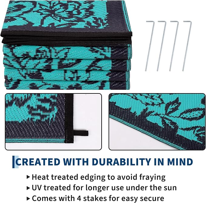 Garvee Outdoor Rugs 8’x10’ Waterproof Reversible Mats, Large Area Plastic Straw Rug, Outside Carpet, Butterfly Floral Rv Mat for Patio Camping Picnic Backyard Deck Balcony Porch Beach Trailer