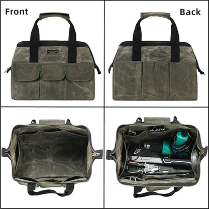 15 Inch Tool Bag, Heavy Duty Waxed Canvas Wide Mouth Water-Resistant Tool Pouch, Garden Tool Tote with 15 Pockets | ArmyGreen