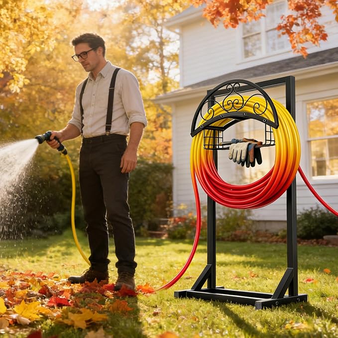 Garden Hose Holder Stand, BOLITE Metal Hanger with Storage Basket, 150ft | Heavy Duty, Freestanding Detachable, Water Hose Holder with Storage Basket, 4 Spikes, Storage Rack for Outside Yard Lawn Farm