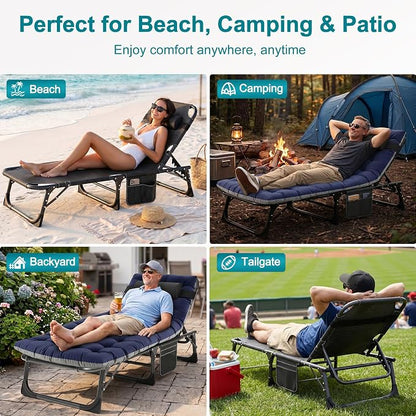 ABORON Tanning Chair, 5-Position Padded Folding Chaise Lounge | 5-position folding chaise lounge supports 400 lb and has a removable cushion and pillow for sunbathing, poolside or patio.