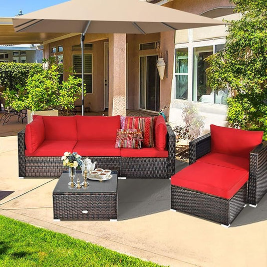 HAPPYGRILL 6PCS Patio Conversation Set Outdoor Furniture Set Rattan Wicker Sectional Sofa Set with Soft Cushions Coffee Table Ottoman for Backyard Garden Poolside