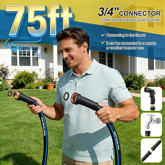 Water Hose 75FT Non-expandable, Durable Outdoor Rubber Hoses with Leak-proof Male to Female Fittings，Portable Garden Hose Manguera Para Jardin for Yard，Lawn Watering, Car Wash