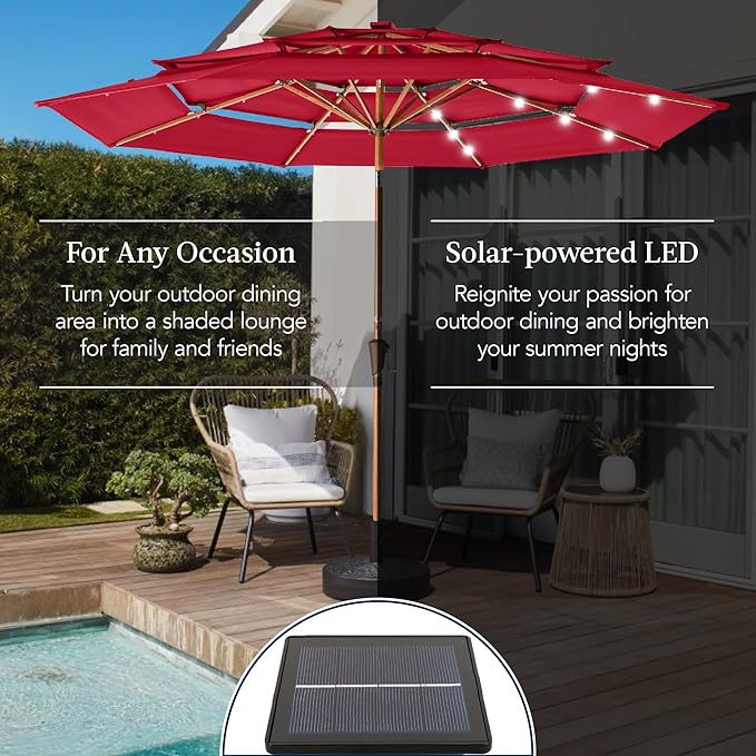 Best Choice Products 10ft 3-Tier Solar Patio Market Umbrella, Outdoor Sun Shade for Backyard, Deck, Poolside, Table w/Woodgrain Pattern, LED Lights, Tilt Adjustment - Red