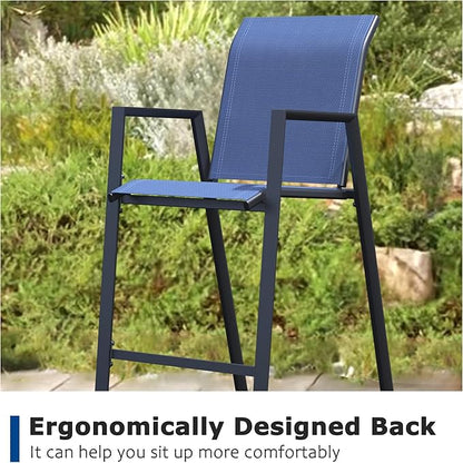 Outdoor Bar Stools Set of 4, 44'' Patio Bar Chairs with Textile High Back, Bar Height Chairs with Straight Armrest and Footrest, Blue