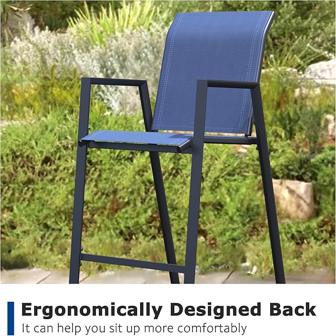 Outdoor Bar Stools Set of 6, 44'' Patio Bar Chairs with Textile High Back, Bar Height Chairs with Straight Armrest and Footrest, Blue