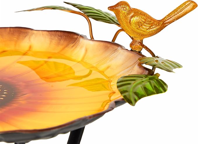 Alpine Corporation ORS882 Outdoor Metal Birdbath w/ Stylish Stand, Sunflower Birdbath Bowl and Stand Set, 29"H, Yellow/Green