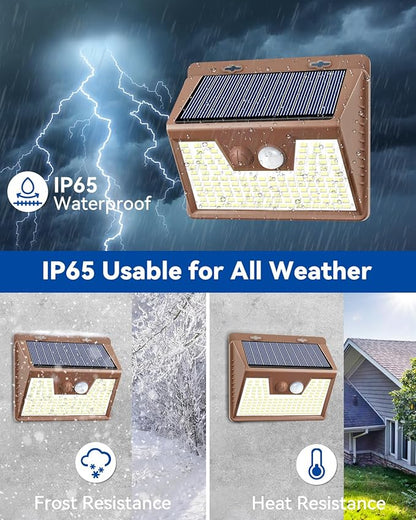 Peasur Solar Lights Outdoor Motion Sensor Waterproof, 2Pack 140LED Brown Solar Powered Fence Light, 3 Modes Security Wall Lights for Garden Yard Outside(Warm White)