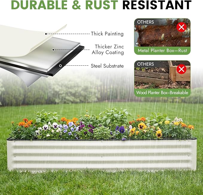 INNO STAGE Galvanized Raised Garden Bed Kits, 6x3x1ft Metal Raised Garden Beds Outdoor, Large Steel Raised Planter Bed with Gloves for Vegetables & Flowers Patio Ground Planter Box (White, 2PCS)