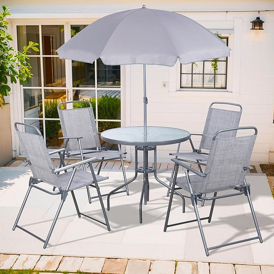 Shintenchi 6 Piece Patio Dining Set with Umbrella, Outdoor Furniture Set with 4 Folding Chairs and Tempered Glass Top Dining Table fot Lawn Backyard Garden Porch, Silver