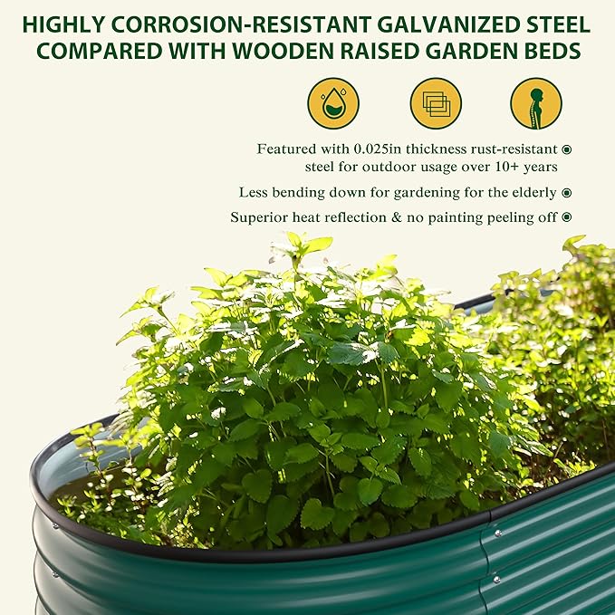 MUPATER Galvanized Raised Garden Bed 8x2x2ft, 9-in-1 Metal Raised Planter Box with Aluminum Support Rods Oval for Outdoor Vegetable Flower, Backyard and Patio, Green