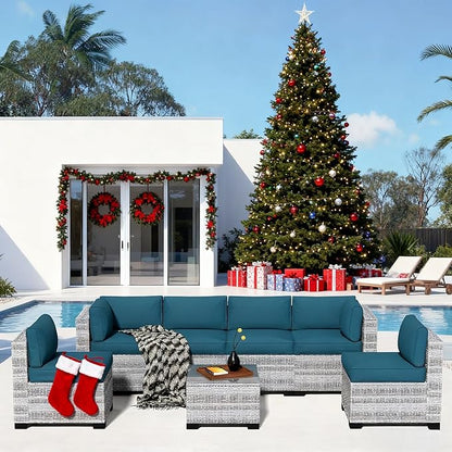 7-Piece Outdoor Sectional Patio Furniture Set, All-Weather Wicker Rattan Sofa w/Thick Washable Cushions & Tempered Glass Table, Perfect for Garden, Poolside, Backyard (7, Graywhite&Peacock Blue)