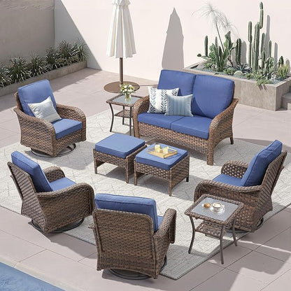 Outdoor Patio Furniture Set, 9 Pieces Outdoor Wicker Sofa with Swivel Patio Chairs, Glass Side Table, Ottomans, All Weather High Back Rattan Loveseat Couch with Comfy Cushions, Brown/Blue