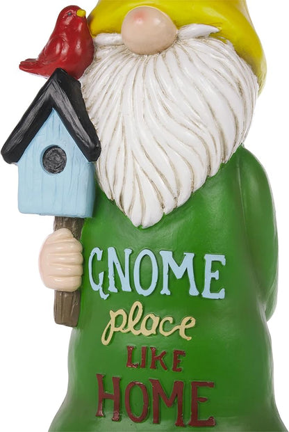 Alpine Corporation 24" Tall Outdoor Yellow Hat Place Like Home Gnome Statue Holding Bird House, Weatherproof Garden Decor