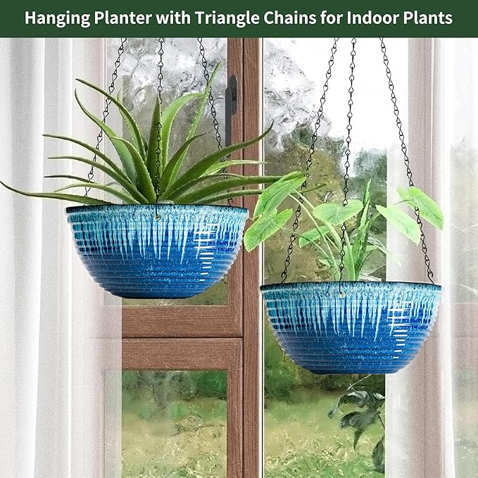 12 inch Large Hanging Planters for Indoor Outdoor Plants, Set of 2 Glazed Hanging Flower Pots with Drainage Hole, Hanging Baskets for Garden Home Porch Decor