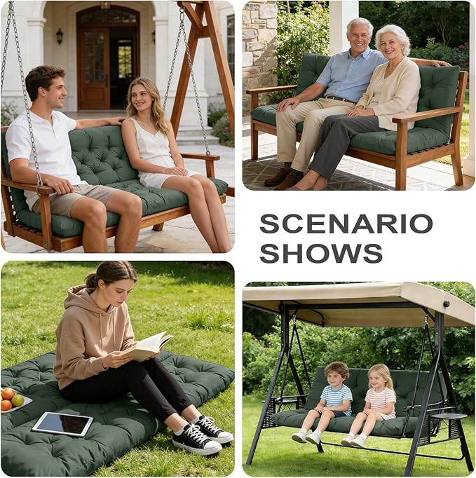 Porch Swing Cushions,Outdoor Cushions 3 Seater Replacement with Backrest, Waterproof Thickened Bench Cushion with Ties for Porch, Patio,Outdoor, Backyard and Garden (Dark Green 60 * 40 in)