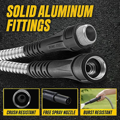 BIONIC STEEL 50 Ft Metal Garden Hose with Sprayer Nozzle, Non Kinking Designed Stainless Steel Heavy Duty Water Hose 50Ft x 5/8 in. Ultra Flexible NON Expandable for Uninterrupted Water Flow, 500 PSI
