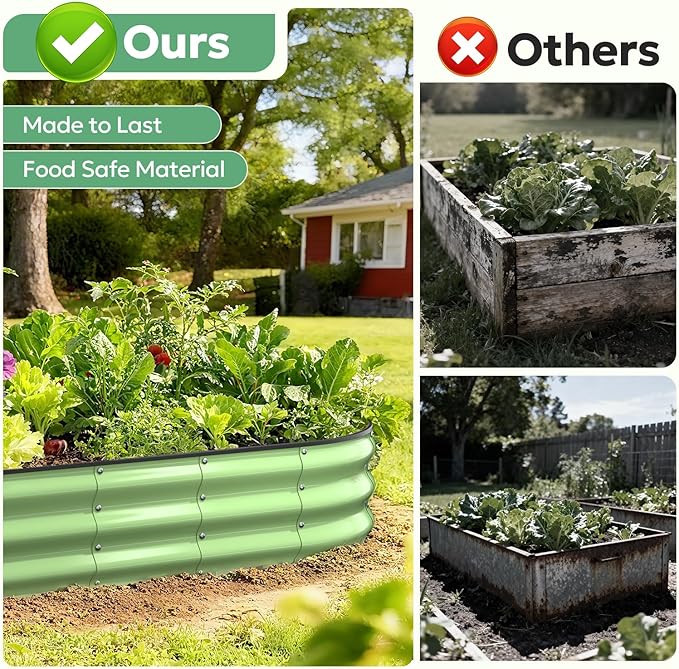Raised Garden Bed 6×3×1 FT, Galvanized Raised Planter Box, Oval Vegetable Planting Container with Safety Edge Trim, Fruit Green for Backyard Fence Line Side Yard Family Gardening