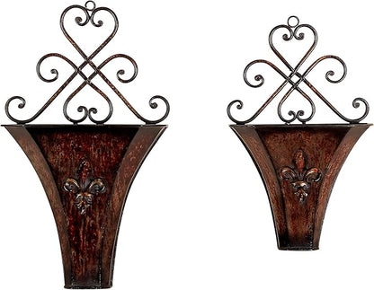 Deco 79 Metal Scroll Indoor Outdoor Wall Planter Indoor Outdoor Weathered Hanging Hanging Planter with Fleur-De-Lis Accent, Set of 2 Plant Hanger 22", 18"H, Brown