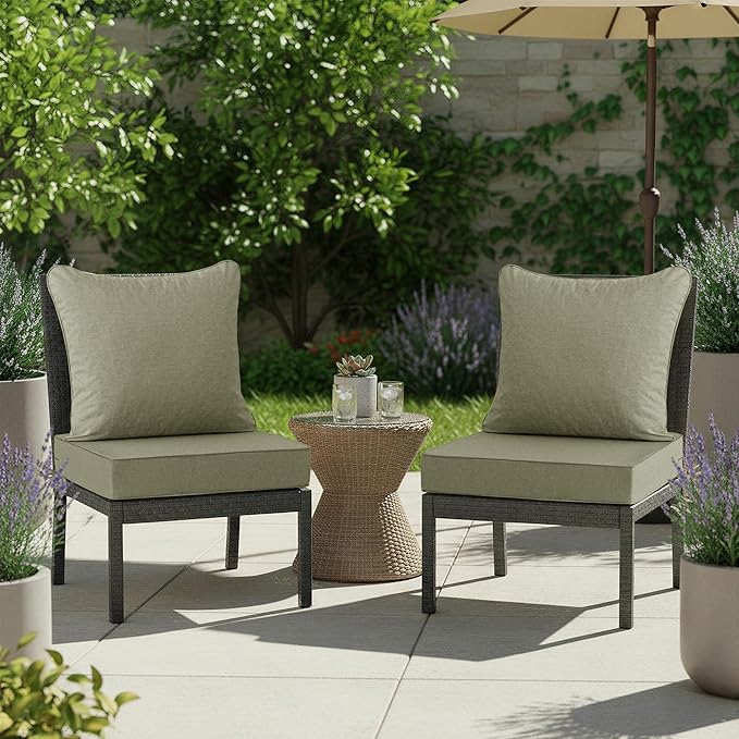 Summsun Water Resistant Outdoor Chair Cushions, Faux Linen Backrest and Seat Cushion Set with Ties, Removable Cover, Non-Slip Bottom for Patio Furniture, 19 x 19 Inch, Mocca Green, Set of 2